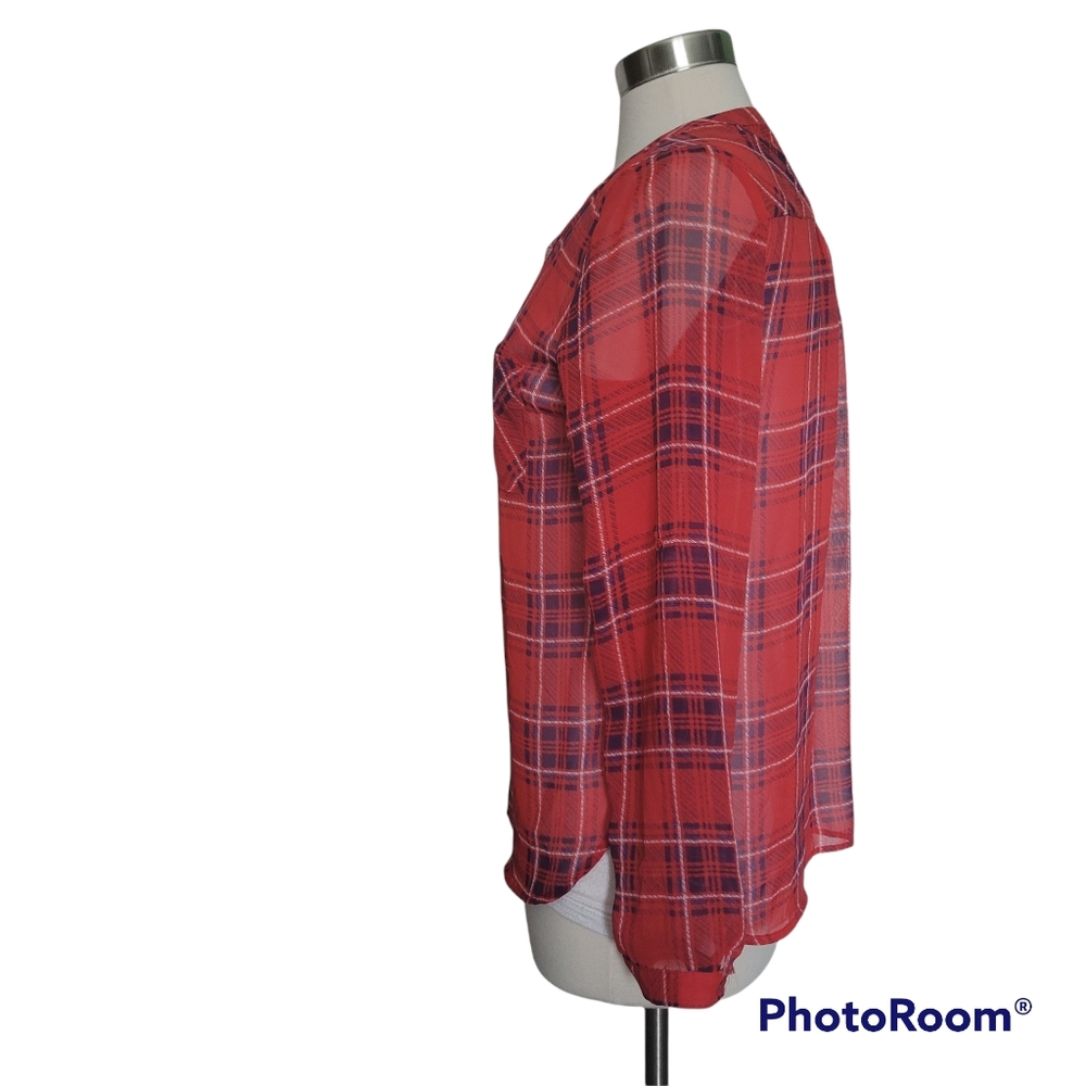 SKIES ARE BLUE RED PLAID SHEER TOP - S - Picture 2 of 7